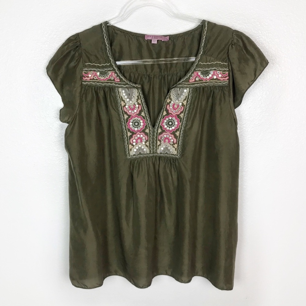 Calypso St. Barth Green Silk Embroidered Blouse